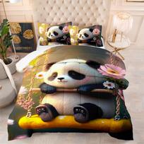 Cute Panda Playing Water Theme Home Comforter Quilted Blanket Goose Down Duvet Quilt Cover King Queen 3D Blanket Size Twin EU Single(135*200cm)3pcs