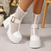 Back Zip Platform Square Heel Sandals Summer New Round Toe Paneled Mesh Metal Buckle Non-Slip Shorthole Boots 35