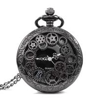 Steampunk Copper Vintage Hollow Gear Hollow Quartz Pocket Watch Necklace Pendant Clock Chain Men Women with Chain Gifts juoda
