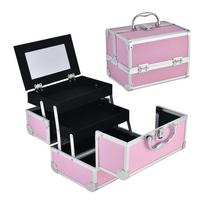 Portable 3-Layer Makeup Box with Mirror & Lock, Extendable Cosmetic Organiser for Travel, Ideal for Cosmetologists rožinė