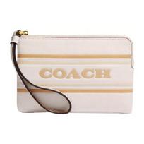 COACH Corner Zip 16 Classic Presbyopia Zipper Closure Horizontal Stripes Leather Wrist Bag Clutch Small Women's White