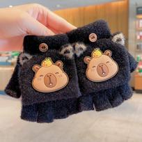 New 6-10 Years Old Half Finger Gloves Cute Capybara Thickened Winter Flip Gloves Elastic Cold-Proof Knitted Mitten School