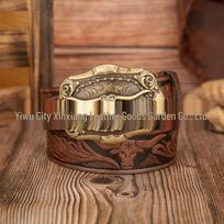Western Retro Bull Head Symmetrical Pattern PU Leather Belt 120 cm