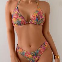 Women's Tropical Floral Print Triangle Bikini Set Halter Tie Side High Cut Cheeky Sexy Summer Beach Pool Hot Spring Swimwear XS
