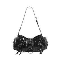 Spicy girl oil wax leather motorcycle armpit bag, fashiable and stylish willow nail bag, single shoulder crossbody bag (20cm<Max Length<30cm)