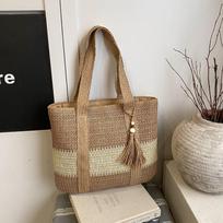 Contrasting Tassel Straw Woven Tote Bag Women's Shoulder Bag chaki