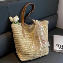 Summer Large Capacity Tote Bag Women Shoulder Bag Handmade Woven Bag Fresh Rural Handheld Grass Woven Women Bag smėlis