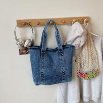 Korean Dgdaemun Fashi Denim Tote Bag Trendy Mom Casual and Minimalist Shoulder Bag with Studs Fashi Versatile Commute Bag šviesiai mėlyna spalva