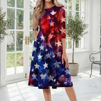 Casual Fashion Round Neck Three Quarter Sleeve Knee Length Dress with Independence Day Themed Floral Print Design XXXL juoda