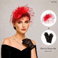 Fascinator Hat With Flower And Veil And Lace Gloves Set For Women Wedding Guest Cocktail Party Royal Ascot Formal Events 2PCS raudona