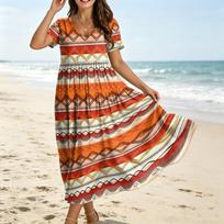 Summer Dresses for Women Uk Ladies Summer Dresses Uk Womens Summer Dresses Uk V Neck Short Sleeve Leaf Print Casual Long Dress S oranžinė