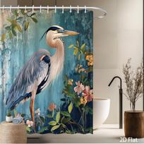 Blue Heron & Floral Shower Curtain – Nature Art, 2D Flat, Multiple Sizes, Machine Washable, Includes Hooks (as the picture,90x180cm35x71in)
