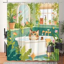 Comfortable bathroom shower curtain with pattern of naughty tabby cat in bathtub for bathtub shower curtain with 12 hooks, (as the picture,W90xH180cm)