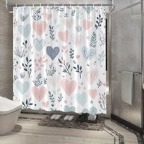 Watercolor Heart Shower Curtain - Pink, Blue & Beige Hearts with Stylized Leaves on White, Durable Polyester (as the picture,W90xH180cm)