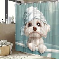 Cute Fluffy White Dog Shower Curtain - Turquoise Bathtub & Towel Design, 70.8x70.8 , Polyester, 12 Hooks, Easy to Clean (as the picture,W90XH180cm)