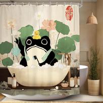 Cute Frog In Lotus Bath Shower Curtain Chinese Style Art Yellow Duck Water Lily Design Waterproof Fabric Boho Bathroom Decor (as the picture,90x180cm35x71in)