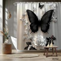 2D Flat Butterfly Floral Shower Curtain Rose Bathroom Decor Polyester with Hook 90x180