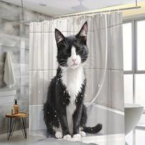 1pc Whimsical Black & White Cat Shower Curtain - Water Droplets, Monochrome Style, Durable Polyester, 12 Hooks, Easy Care (as the picture,W90XH180cm)