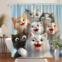 Adorable Cats Shower Curtain - 9 Playful Faces, 12 Hooks, Washable Polyester, Cat Lover Gift (as the picture,W90xH180cm)