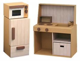 Cardboard play kitchen 3-piece set (kitchen, refrigerator, microwave)