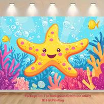 2D Enchanted Underwater Tapestry, Cartoon Starfish & Vibrant Coral Scene Backdrop 47.2x31.5inch/120*80cm