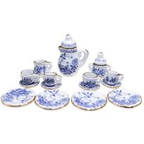 moin moin Miniature 112 Scale Dollhouse Dishware 15-Piece Set Ceramic Accessories Decorative Interior Flower Blue Cutlery Pot Tea Cup Doll Figure