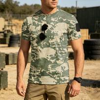 Men's Tactical Outdoor Quick-Dry T-Shirt with Velcro Patch Area Loose Fit Breathable Round Neck Camouflage Print L