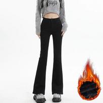 Winter Women's Skinny Flared Pants Thickened Fleece Warm High Waist Retro Cotton Stretch Denim Pants Black Blue Fashion Korean XS