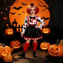Kids Halloween Circus Clown Costume Dress with Polka Dot Top Suspender Skirt and Mini Hat for Children Party Performance Outfit 100