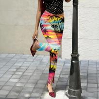 Women Y2K Style Hawaiian Print Streetwear Slim Fit Long Pants Side Slit Design Casual Sport Trousers S