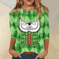 Womens Casual Three Quarter Sleeve Oktoberfest Print Round Neck Top Lightweight Comfortable Fit Seasonal Festival Shirt M