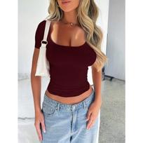 Women's Spring Sexy Spice Short Sleeve Fashion New Square Neck Slim Dew Neck T-shirt Short Tops XS
