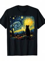 Van Gogh Starry Night Cat Lover Unisex T-Shirt -Unisex’s Casual Tee with Artistic Black Cat & Swirling Stars Design XL