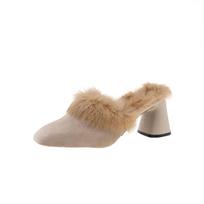 Home Furry Fur Slides Plush Slippers Fluffy Flip Flops Luxury High-heeled shoes Women Fashion Shoe 2024 Zapato De Mujer Designer 35