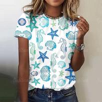 Summer Round Neck 3D Marine Animal Patterns Printed Top Fashionable Casual Short Sleeved Women's T-shirts S