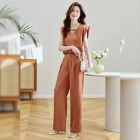 Feifei Sleeve Top Wide Leg Pants Two-piece Set Women's Summer Clothing New Temperament Skinny Fashion Age Reduction Suit M