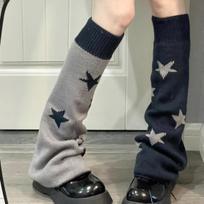 Reversible Star Print Sock Leg Warmers Japanese JK White Y2K Stacked Socks Lolita Knit Leggings Hot Girl Style One Size gray