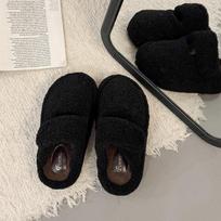 Fashionable Fleece Lined Flat Bottom Fur Slippers Women's Cotton Mary Janes Warm Autumn Winter Rubber Surface Slippers 35