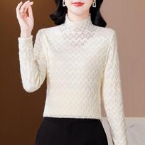 Lace Base Blouse for Women with Updated Slim Long-sleeved Hollow Top for Womens Inner Wear Todays Design Slim Blouse L