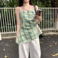 Women's Plaid Camisole Asymmetric Hem Slim Fit Onesize