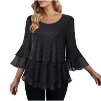 Ladies' Loose Casual Fashionable Knitted Patchwork Sequin Multi-layer Loose Top L