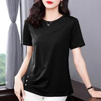 Moteriškos vasaros pavasario medvilninės palaidinės Marškiniai Moteriški Laisvalaikio trumpomis rankovėmis O formos iškirpte vienspalviai marškinėliai Blusas Tops XXXXXL juoda