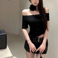 Women's Summer Slim-Fit Cropped Off-Shoulder Short-Sleeve T-Shirt Girl Slim Design Top XXS