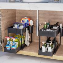 New Two-level Pull-down Sink Shelving Sliding Cabinet Basket Shelving Storage Shelf Hanging Cup Bathroom Kitchen Shelving (as the picture,Black)