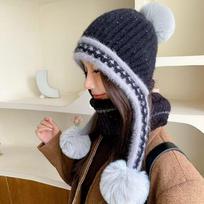 New Knitted Knitted Hat Pompom Warm Ear Protection Hat Fur Balls Windproof Beanie Hat Autumn and Winter juoda
