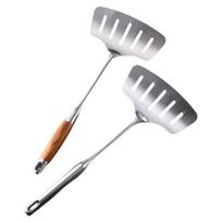 ABUL-Large Stainless Steel Fish Frying Spatula Egg Pan Scoop Nonstick Long Wood Handle Steak Slotted Flat Shovel Kitchen2pcs