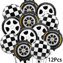 12-Piece Racing-Themed Balloon Set, 18inch Black and White Checkered Balloons, 18inch Tire-Shaped Balloons, 18inch Gold-Edged Tire-Shaped Ballo Other