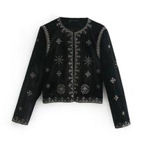 Spring Summer Women's Versatile Slim Fit Palace Embroidered Velvet Coat Retro Long Sleeved Cardigan Jacket XXS