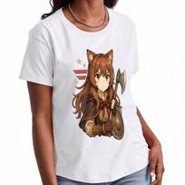 Anime Manga Character Ladies Cotton T Shirt, Premium Cotton Graphic Print, Durable, Casual Fashion, Japanese Text Manga Art, Streetwear Inspired Appar S