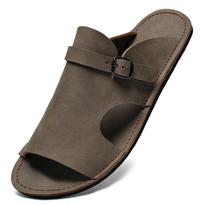 Men's Large Size Breathable Cowhide Flip-Flops - Soft Sole Beach Sandals 41 tamsiai ruda spalva